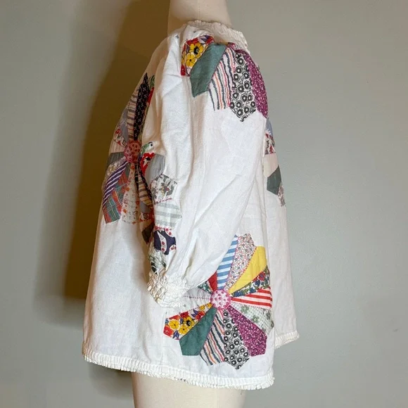 SEA NY Cotton Puff Sleeve Quilted Patchwork Blouse - Picture 3 of 7